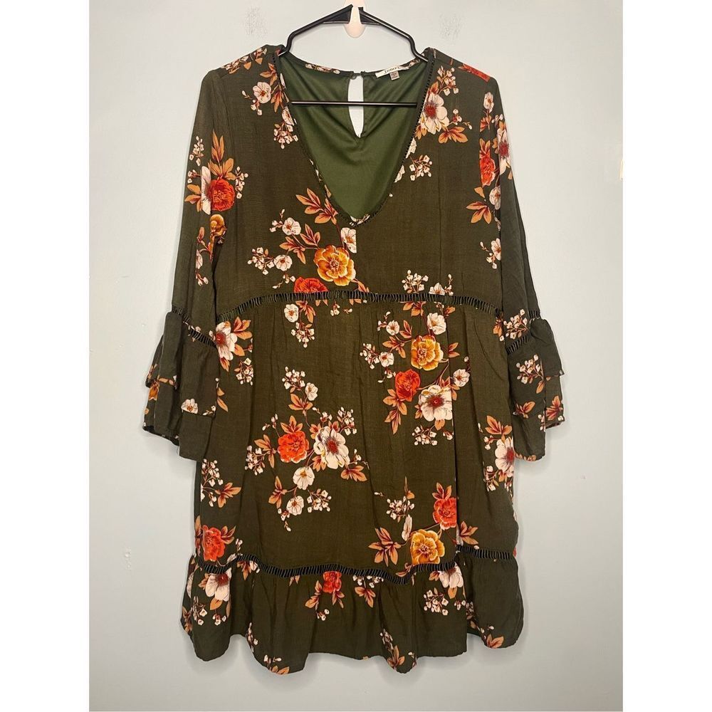 Jodifl Dress Green Tiered Bell Sleeve Floral Round Neck Mini Smock Dress Large